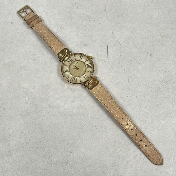 Anne Klein Watch Womens 34mm Round MOP Dial Embossed Band Gold Tone New Battery - Picture 2 of 11